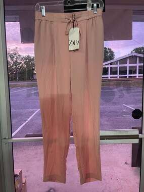 Zara Pink Flowy Drawstring Waist Trousers Size XS